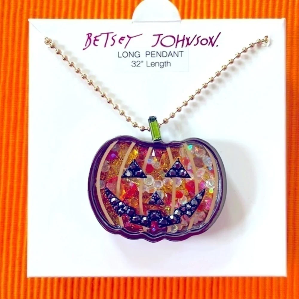 Brand New Betsey Johnson Pumpkin Floating Crystal Halloween Long Necklace